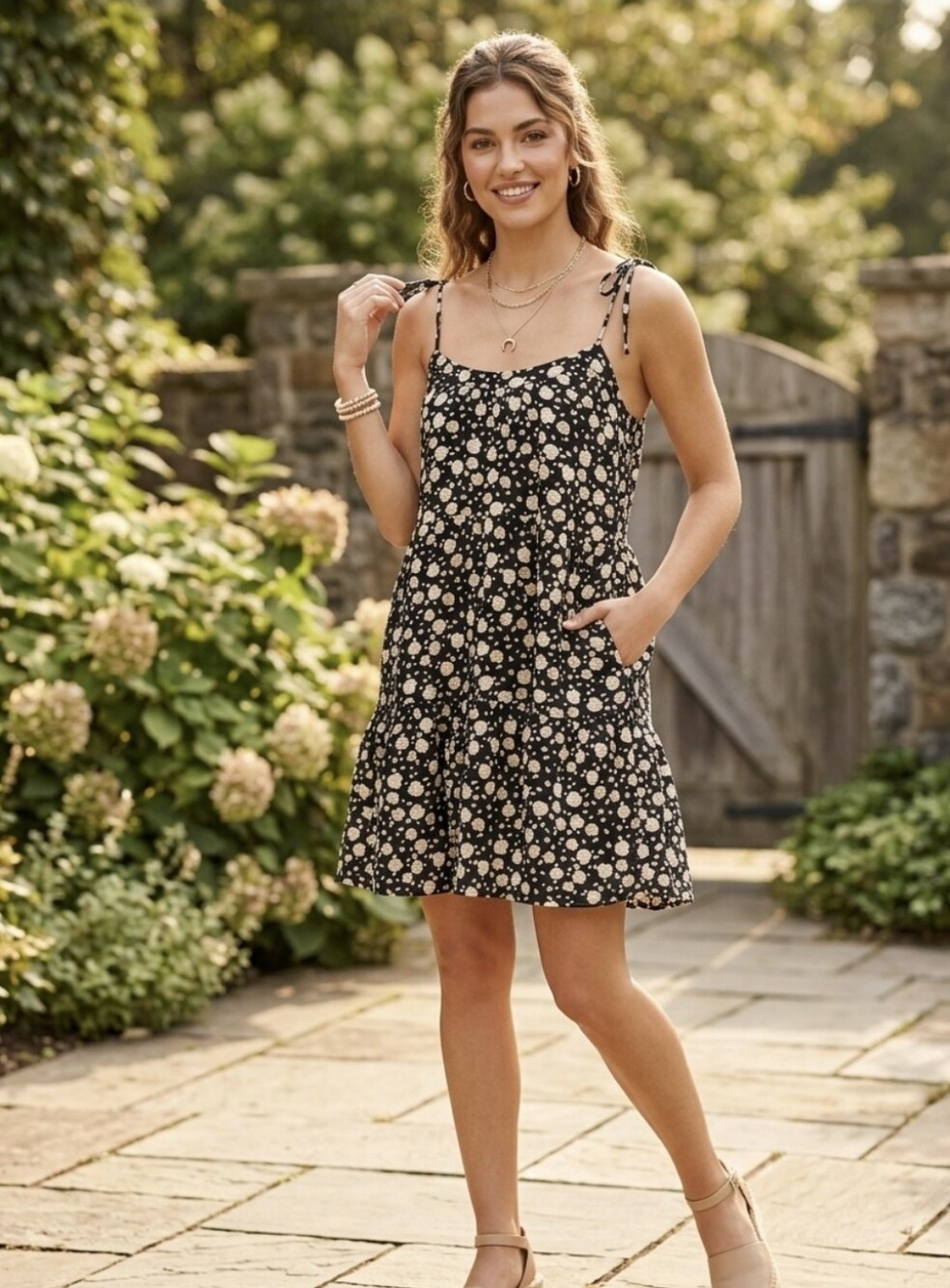 LOFT Seashell Tiered Bow-Strap Swing Mini Dress. Sz Small